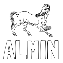 Online izdelana pobarvanka - Pobarvanka imena ALMIN in pobarvanka prikupno razigranega konja
