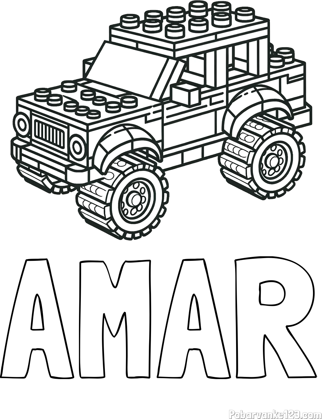 Pobarvanka imena AMAR in pobarvanka džipa sestavljenega iz LEGO kock