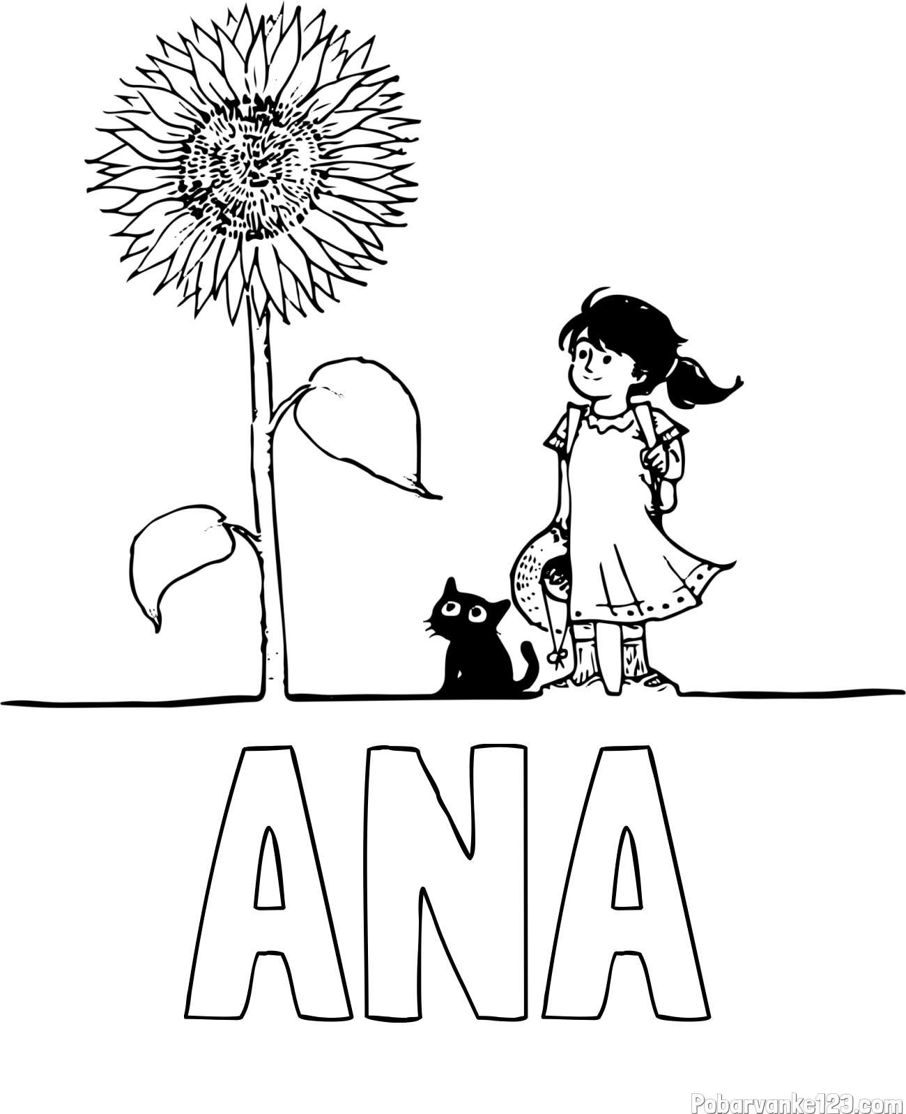 Pobarvanka imena ANA in pobarvanka velike sončnice, deklice in ljubkega mačka