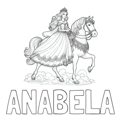Online izdelana pobarvanka - Pobarvanka imena ANABELA in pobarvanka princese na konju