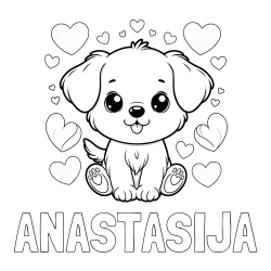 Online izdelana pobarvanka - Pobarvanka imena ANASTASIJA in pobarvanka ljubkega kužka obdanega s srčki