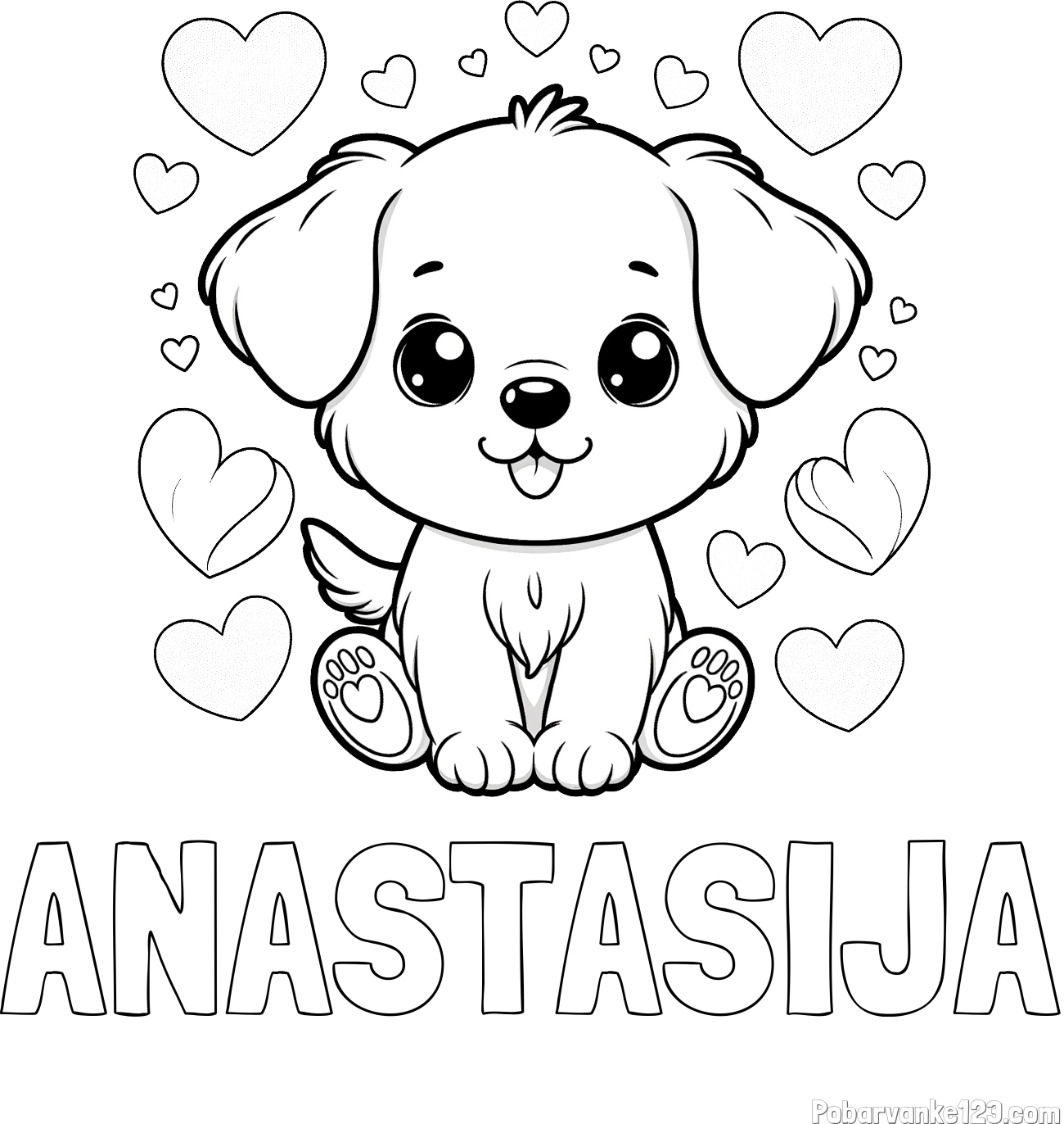 Pobarvanka imena ANASTASIJA in pobarvanka ljubkega kužka obdanega s srčki