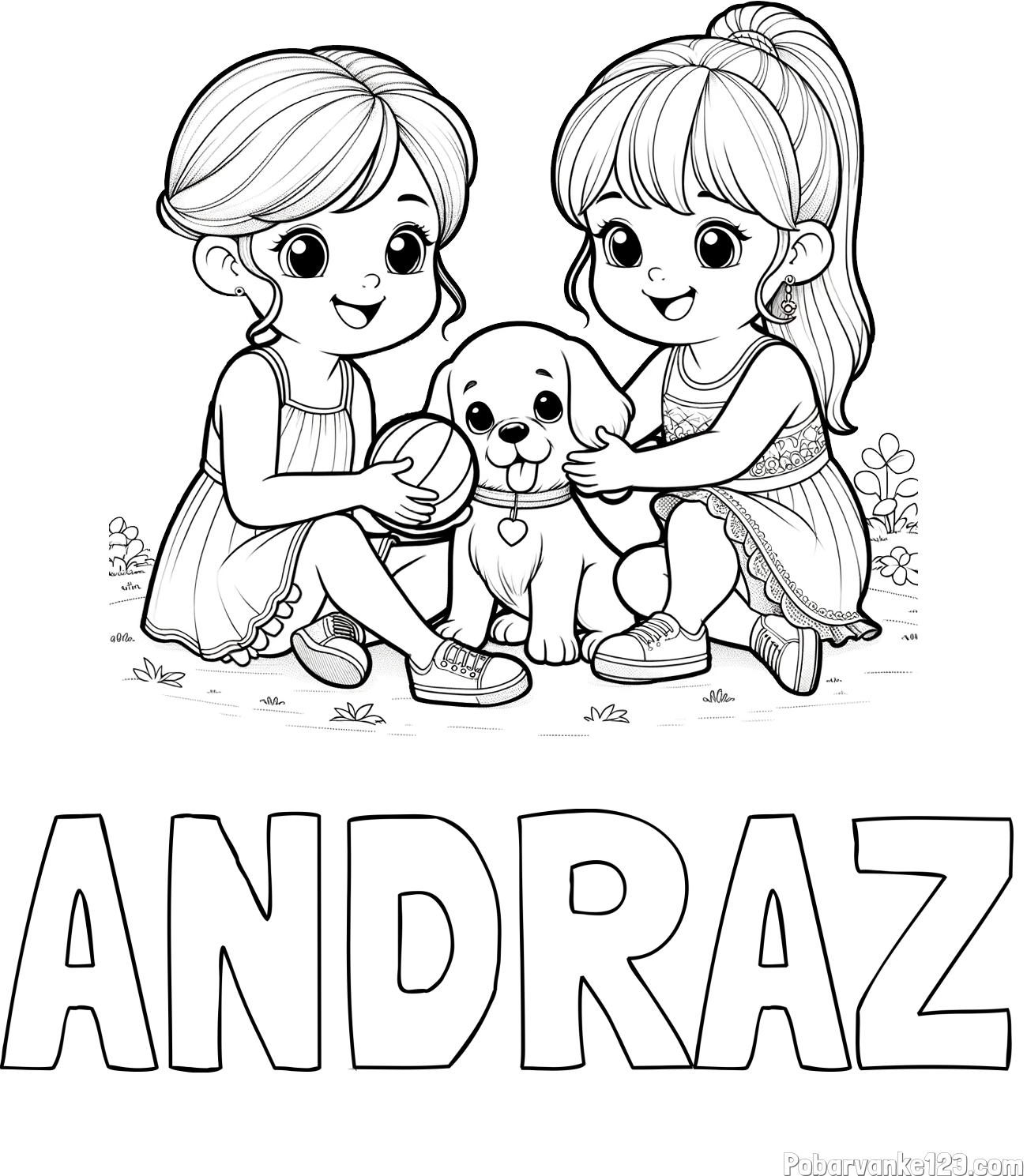 Pobarvanka imena ANDRAŽ in pobarvanka prijateljic s kužkom