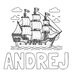 Online izdelana pobarvanka - Pobarvanka imena ANDREJ in pobarvanka stare gusarske ladje