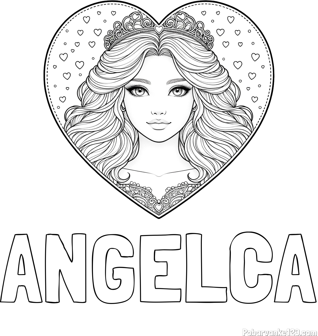Pobarvanka imena ANGELCA in pobarvanka ljubke princese v srčku