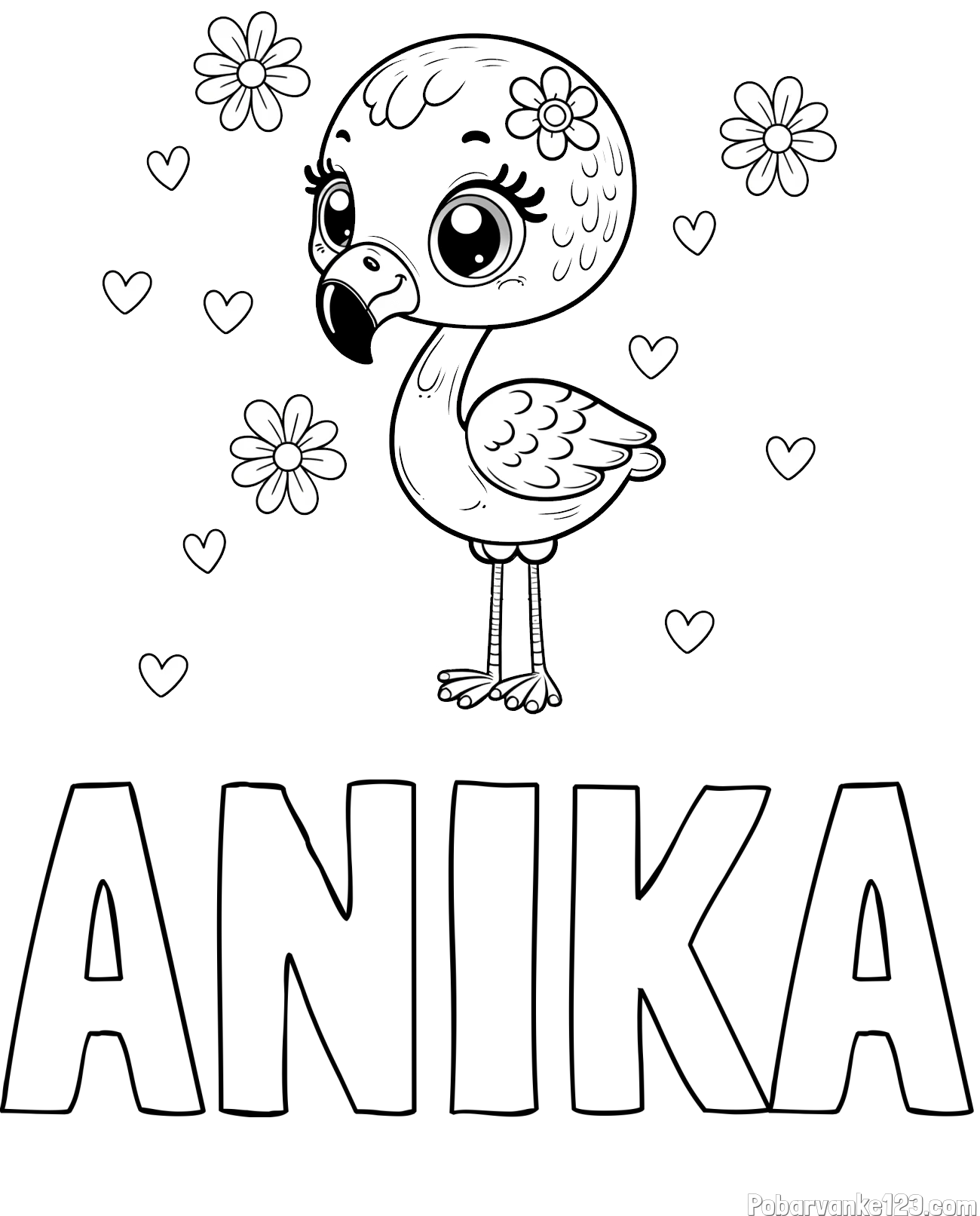 Pobarvanka imena ANIKA in pobarvanka mladička flaminga z rožicami in srčki