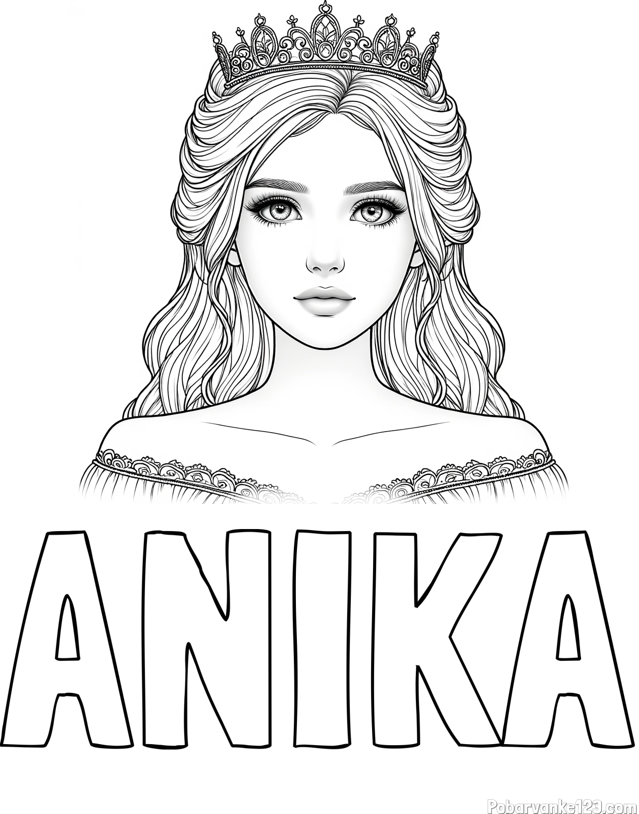 Pobarvanka imena ANIKA in pobarvanka prikupne princeske s čudovitimi očmi