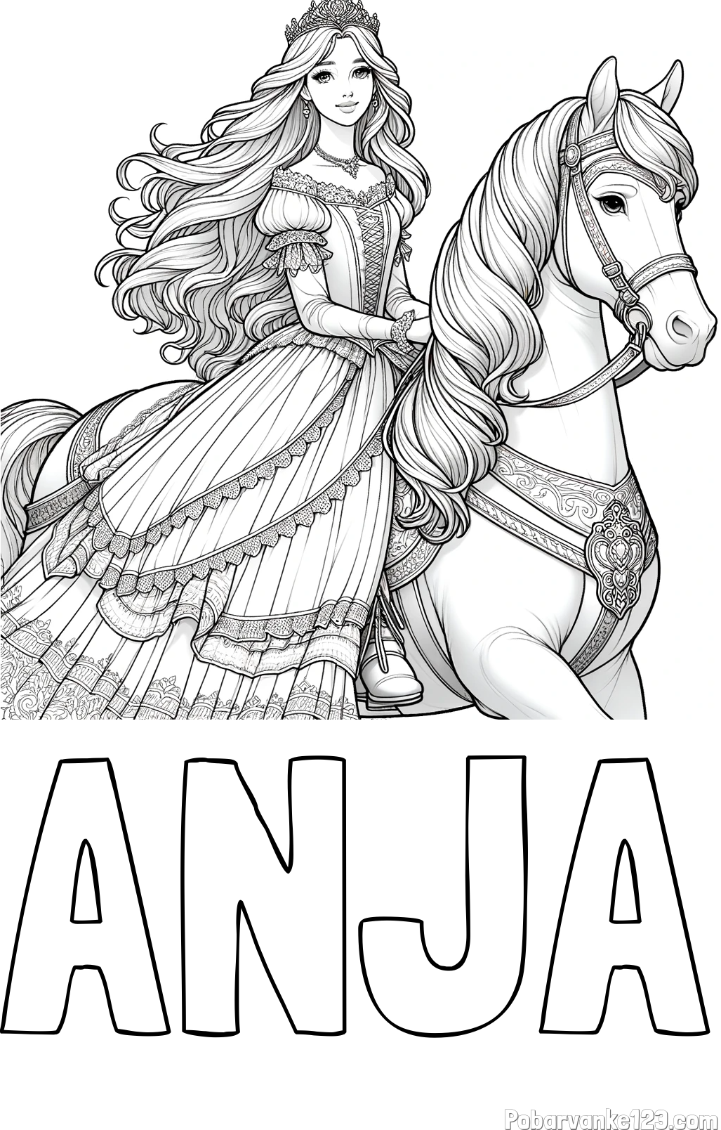 Pobarvanka imena ANJA in pobarvanka nasmejana princese na konju