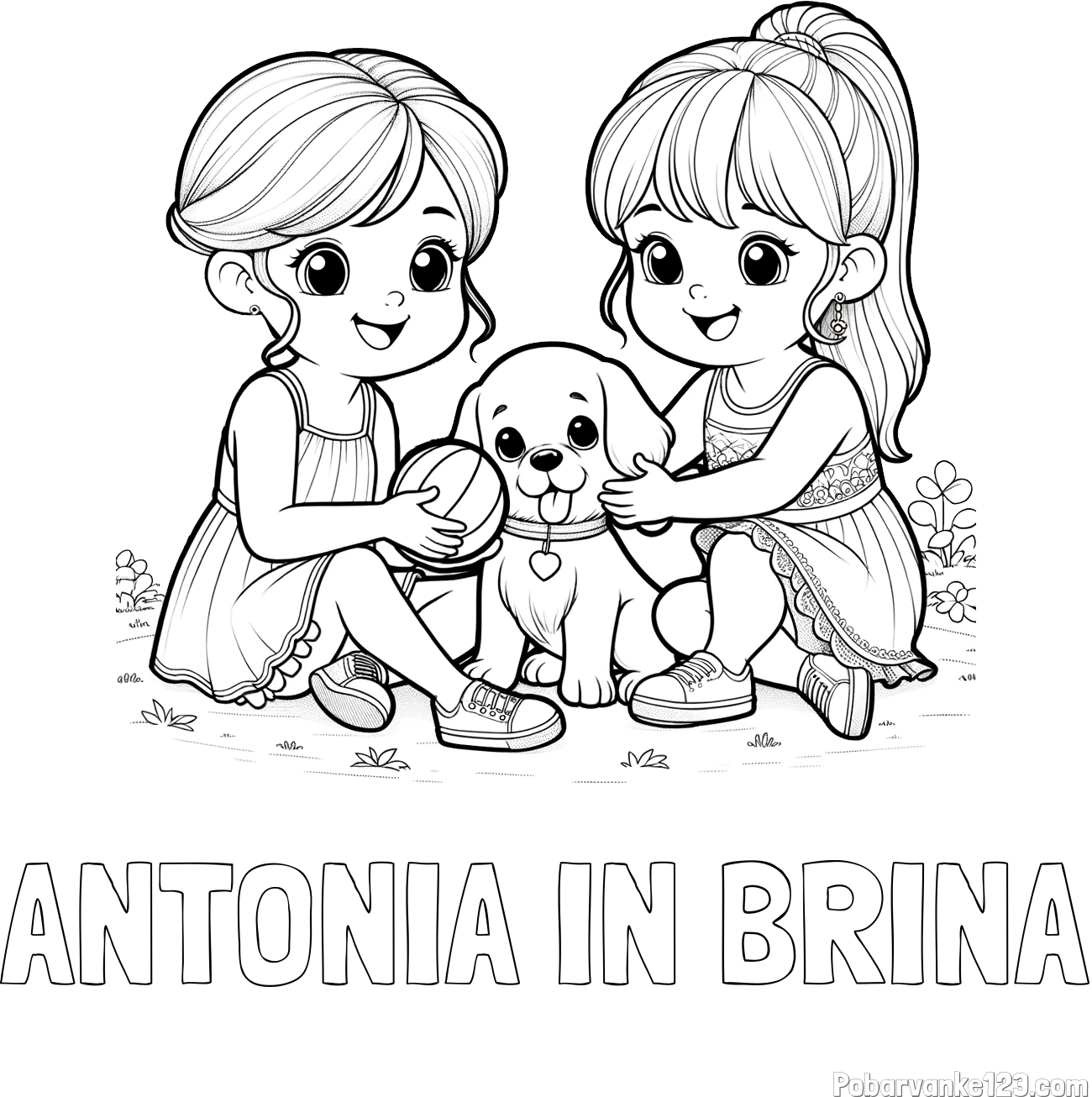 Pobarvanka imena ANTONIA IN BRINA in pobarvanka prijateljic s kužkom