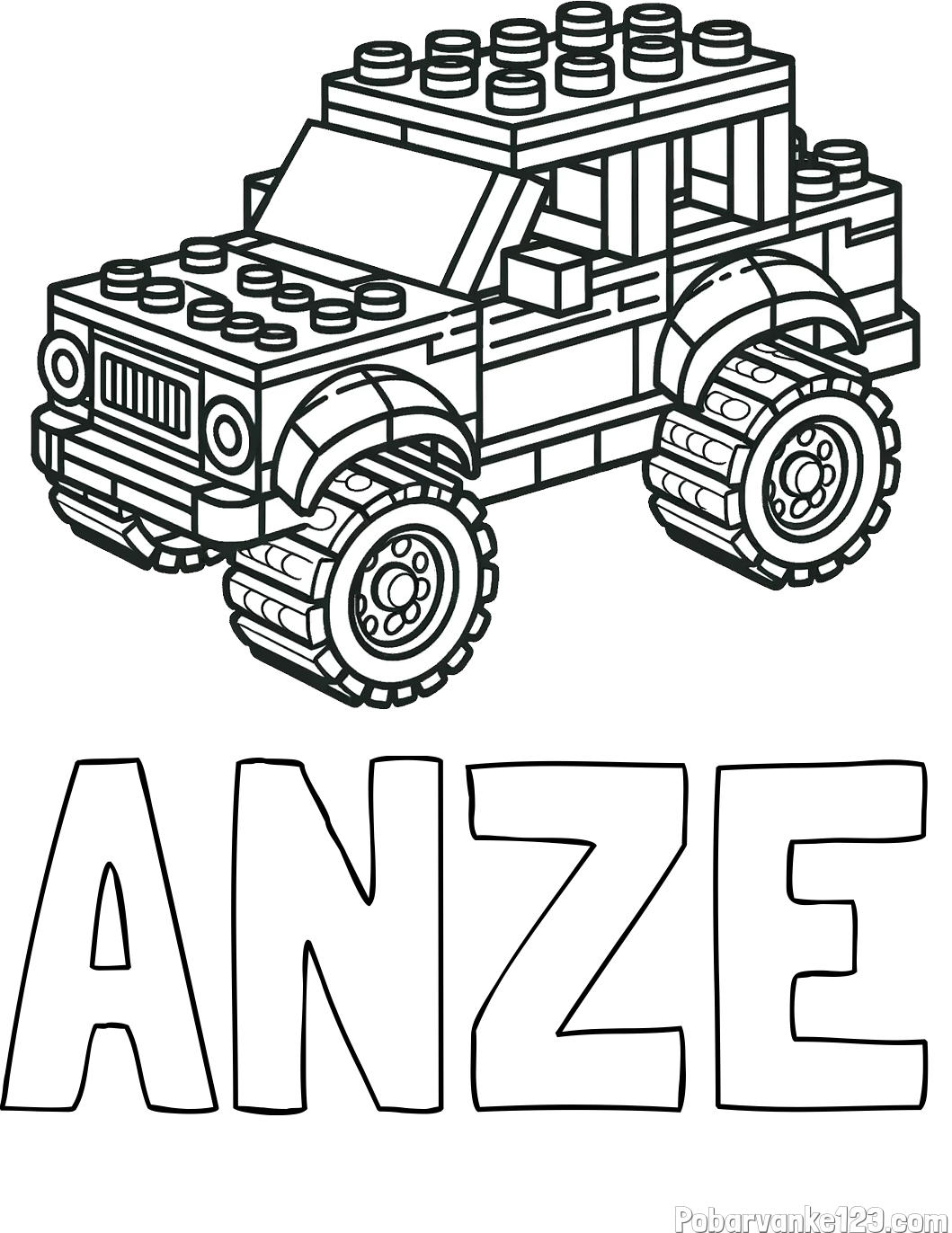 Pobarvanka imena ANŽE in pobarvanka džipa sestavljenega iz LEGO kock