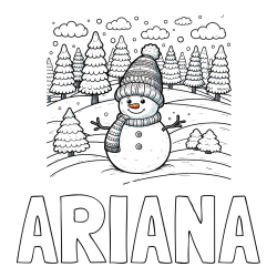 Online izdelana pobarvanka - Pobarvanka imena ARIANA in pobarvanka snežaka v naravi obdanega z zasneženimi smrekami