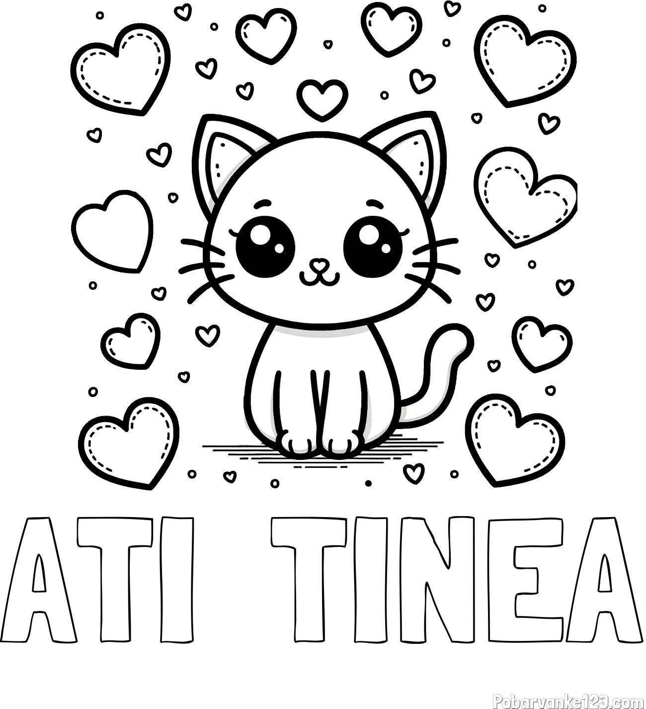 Pobarvanka imena ATI  TINEA in pobarvanka ljubke mucke obdane z veliko srčki