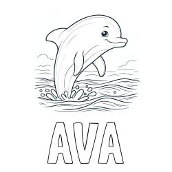 Online izdelana pobarvanka - Pobarvanka imena AVA in pobarvanka nasmejanega delfina v  skoku