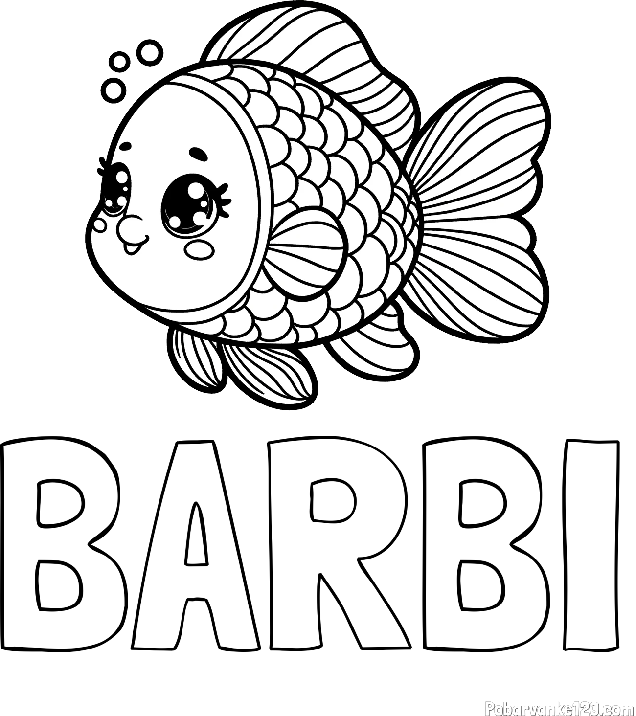 Pobarvanka imena BARBI in pobarvanka ribe z bujnimi plavutmi