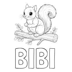 Online izdelana pobarvanka - Pobarvanka imena BIBI in pobarvanka veverice na veji
