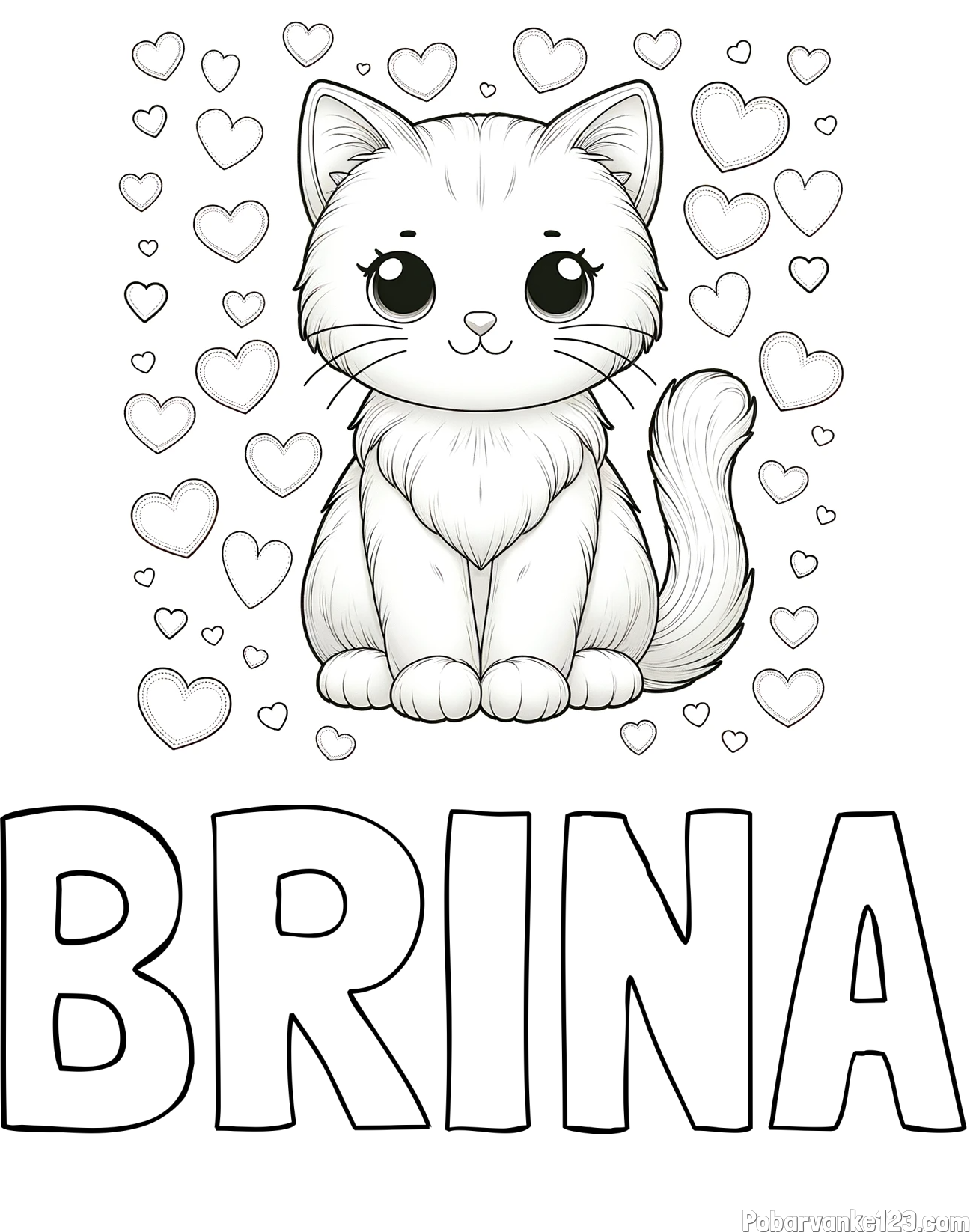 Pobarvanka imena BRINA in pobarvanka ljubke mucke obdane s srčki