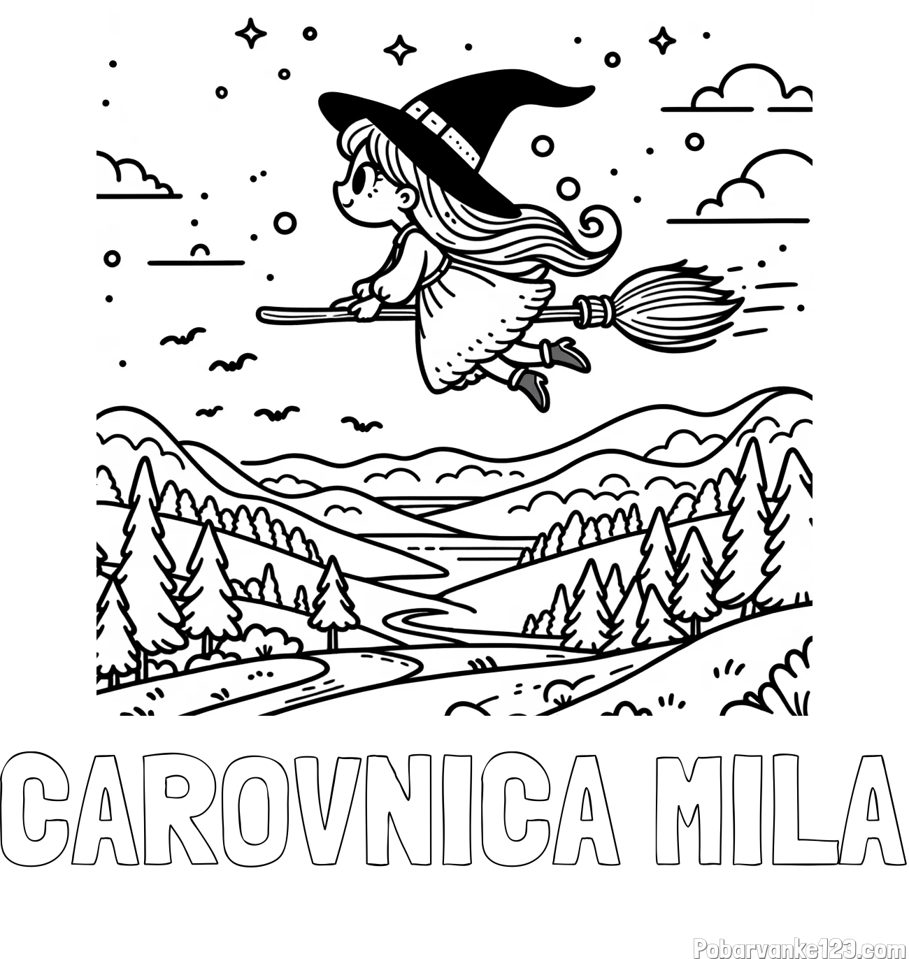 Pobarvanka imena ČAROVNICA MILA in pobarvanka čarovnice, ki leti na metli
