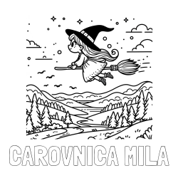 Online izdelana pobarvanka - Pobarvanka imena ČAROVNICA MILA in pobarvanka čarovnice, ki leti na metli
