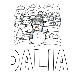 Online izdelana pobarvanka - Pobarvanka imena DALIA in pobarvanka snežaka v naravi obdanega z zasneženimi smrekami