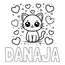 Online izdelana pobarvanka - Pobarvanka imena DANAJA in pobarvanka ljubke mucke obdane z veliko srčki