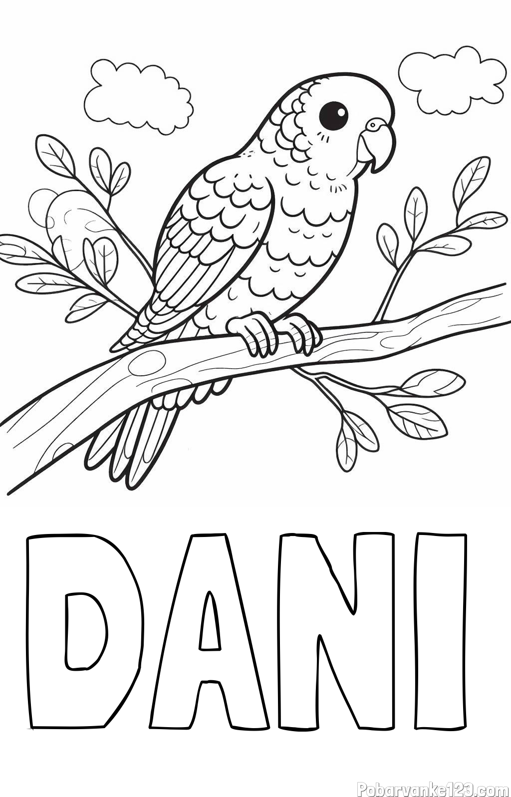 Pobarvanka imena DANI in pobarvanka ljubkega kanarčka na veji