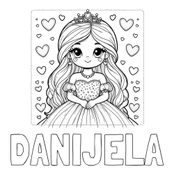 Online izdelana pobarvanka - Pobarvanka imena DANIJELA in pobarvanka ljubke princese obdane s srčki
