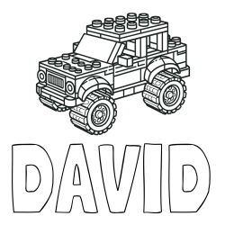 Online izdelana pobarvanka - Pobarvanka imena DAVID in pobarvanka džipa sestavljenega iz LEGO kock