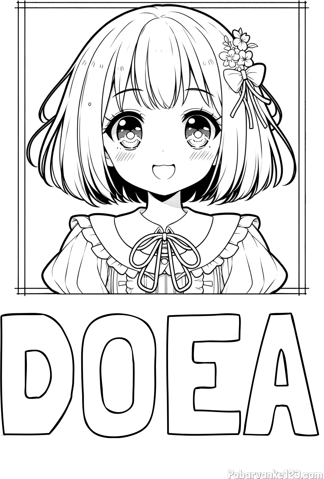 Pobarvanka imena DOEA in pobarvanka ljubke punčke v anime slogu