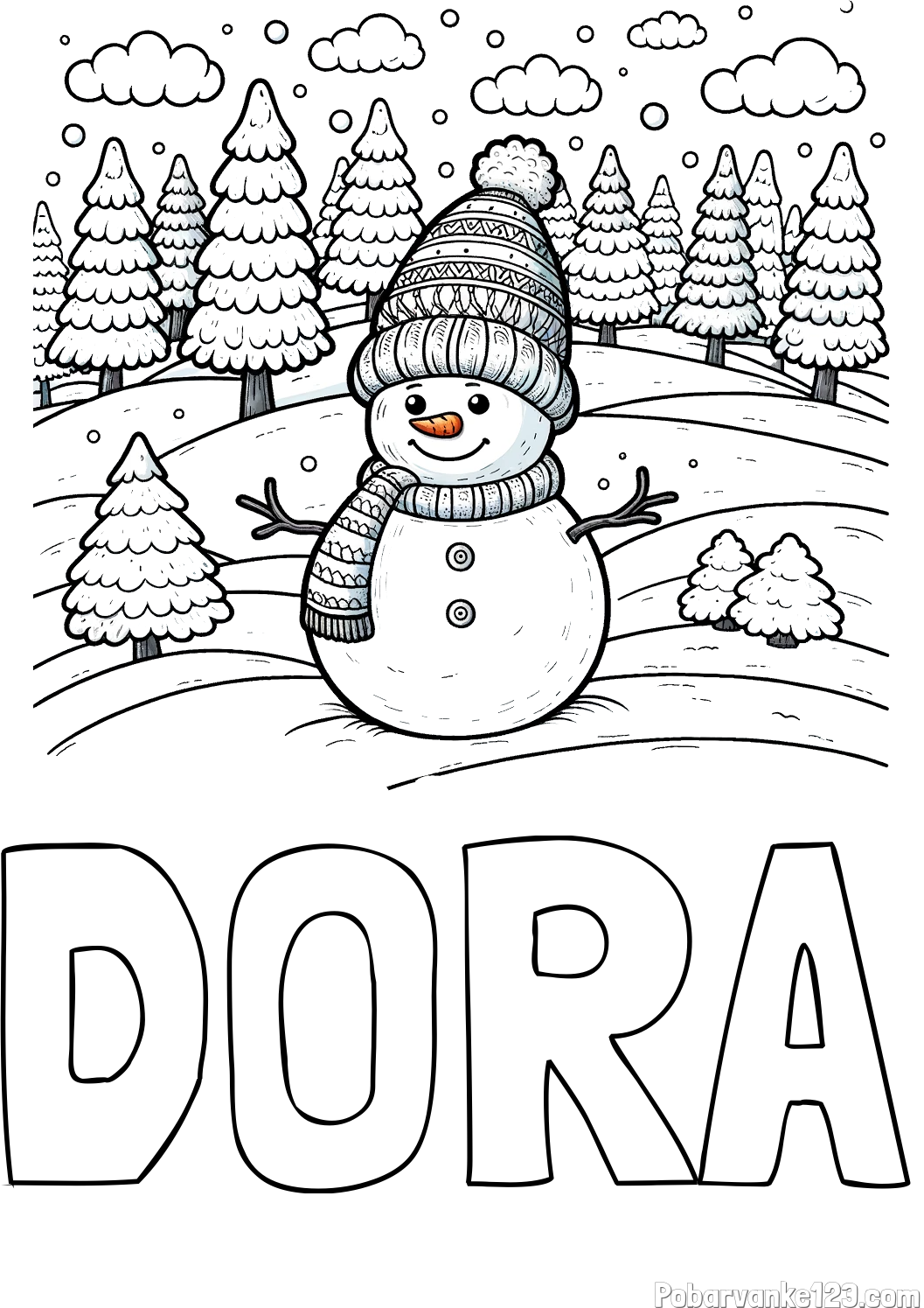 Pobarvanka imena DORA in pobarvanka snežaka v naravi obdanega z zasneženimi smrekami