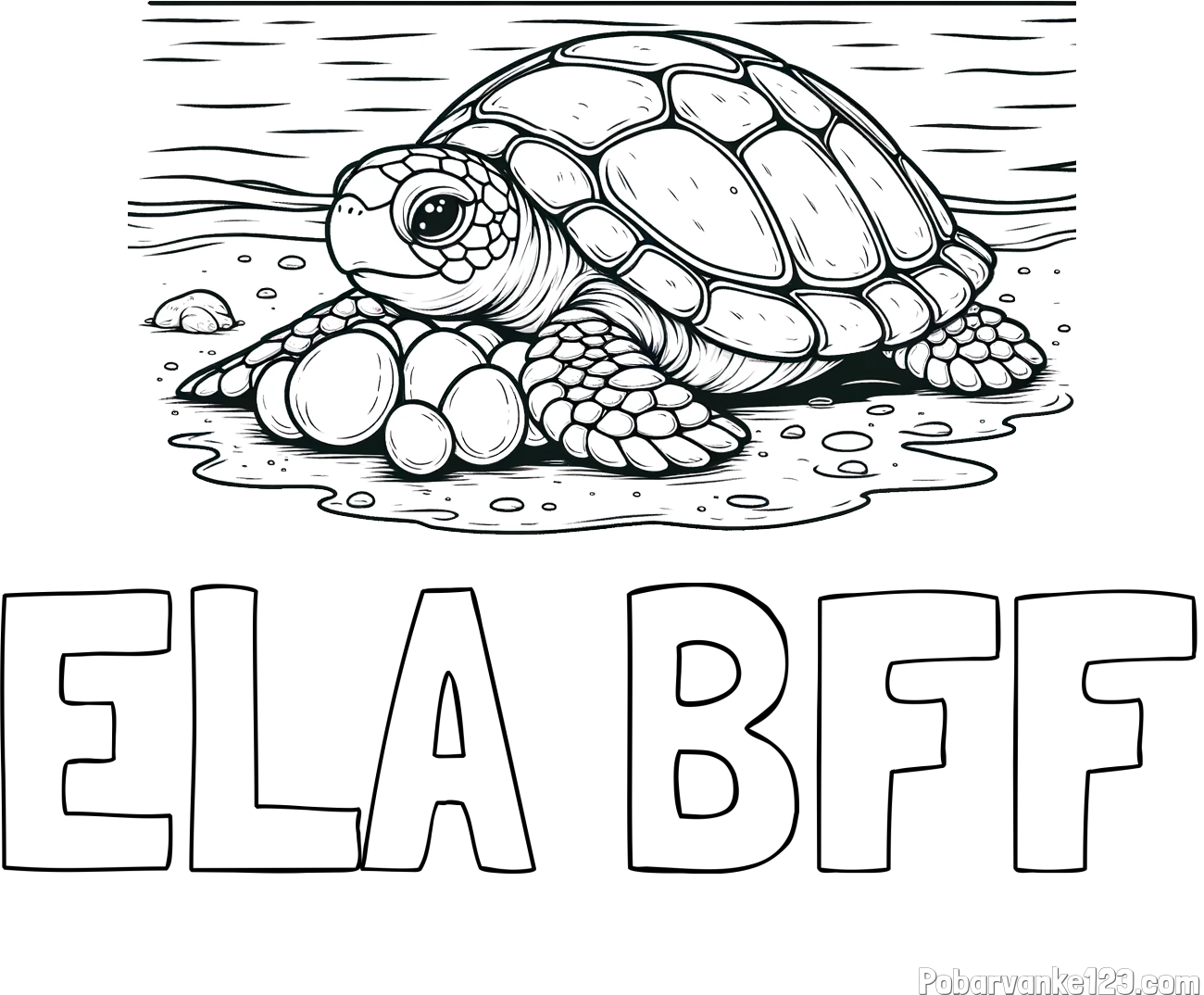 Pobarvanka imena ELA BFF in pobarvanka želve, ki leže jajca na obali