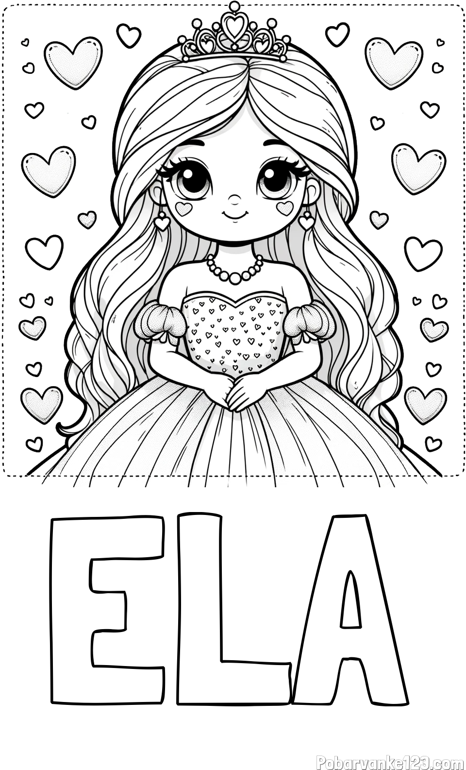 Pobarvanka imena ELA in pobarvanka ljubke princese obdane s srčki