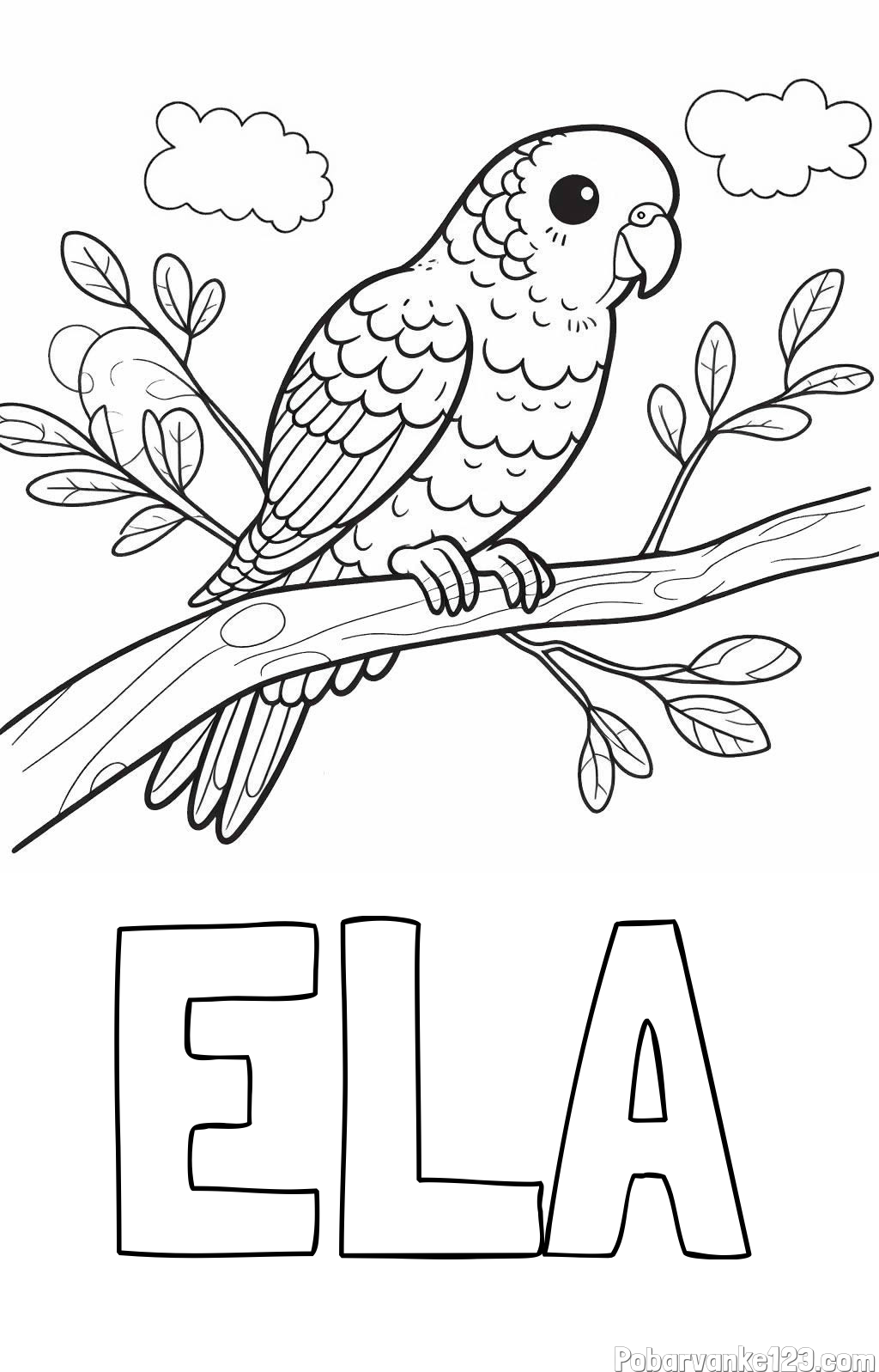 Pobarvanka imena ELA in pobarvanka ljubkega kanarčka na veji