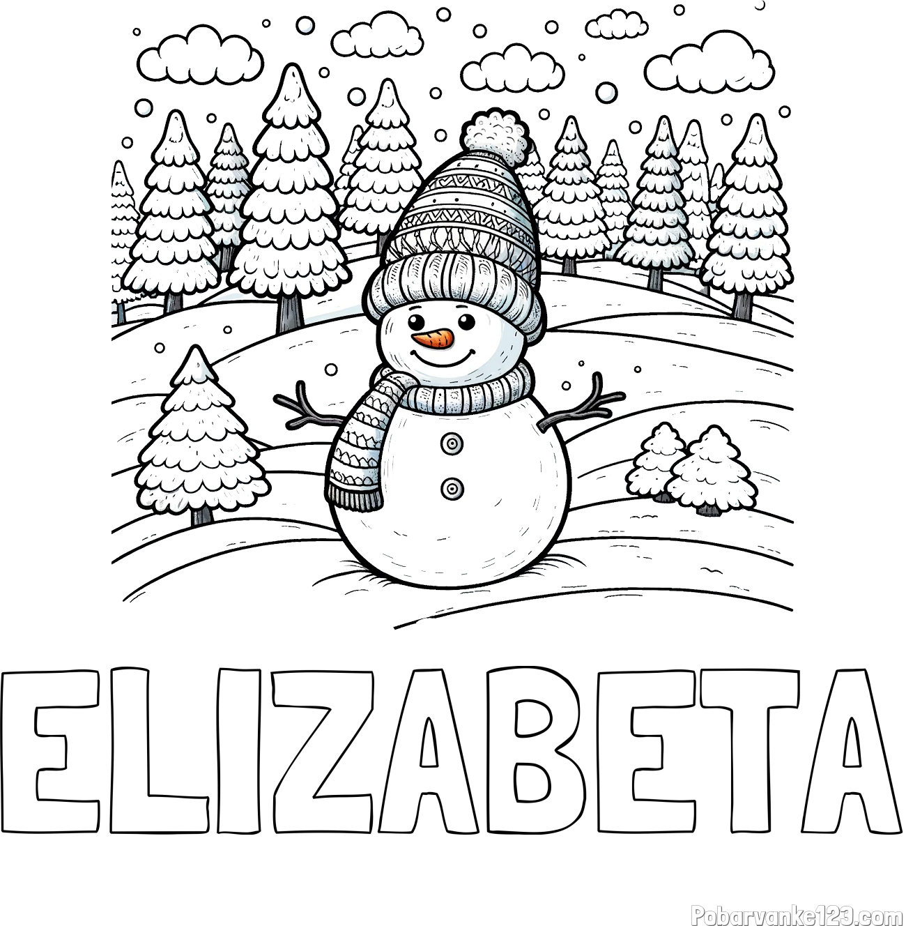 Pobarvanka imena ELIZABETA in pobarvanka snežaka v naravi obdanega z zasneženimi smrekami