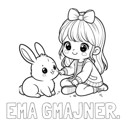 Online izdelana pobarvanka - Pobarvanka imena EMA GMAJNER. in pobarvanka ljubke punčke, ki se igra z zajčkom