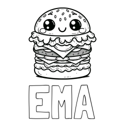 Pobarvanka imena EMA in otroška pobarvanka nasmejanega hamburgerja