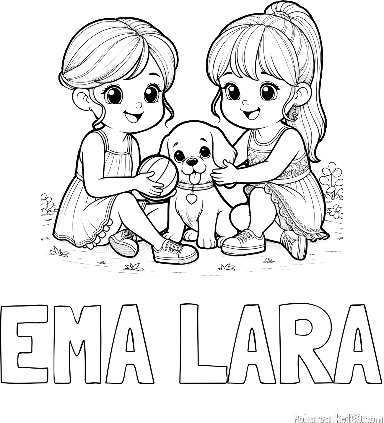Pobarvanka imena EMA LARA in pobarvanka prijateljic s kužkom