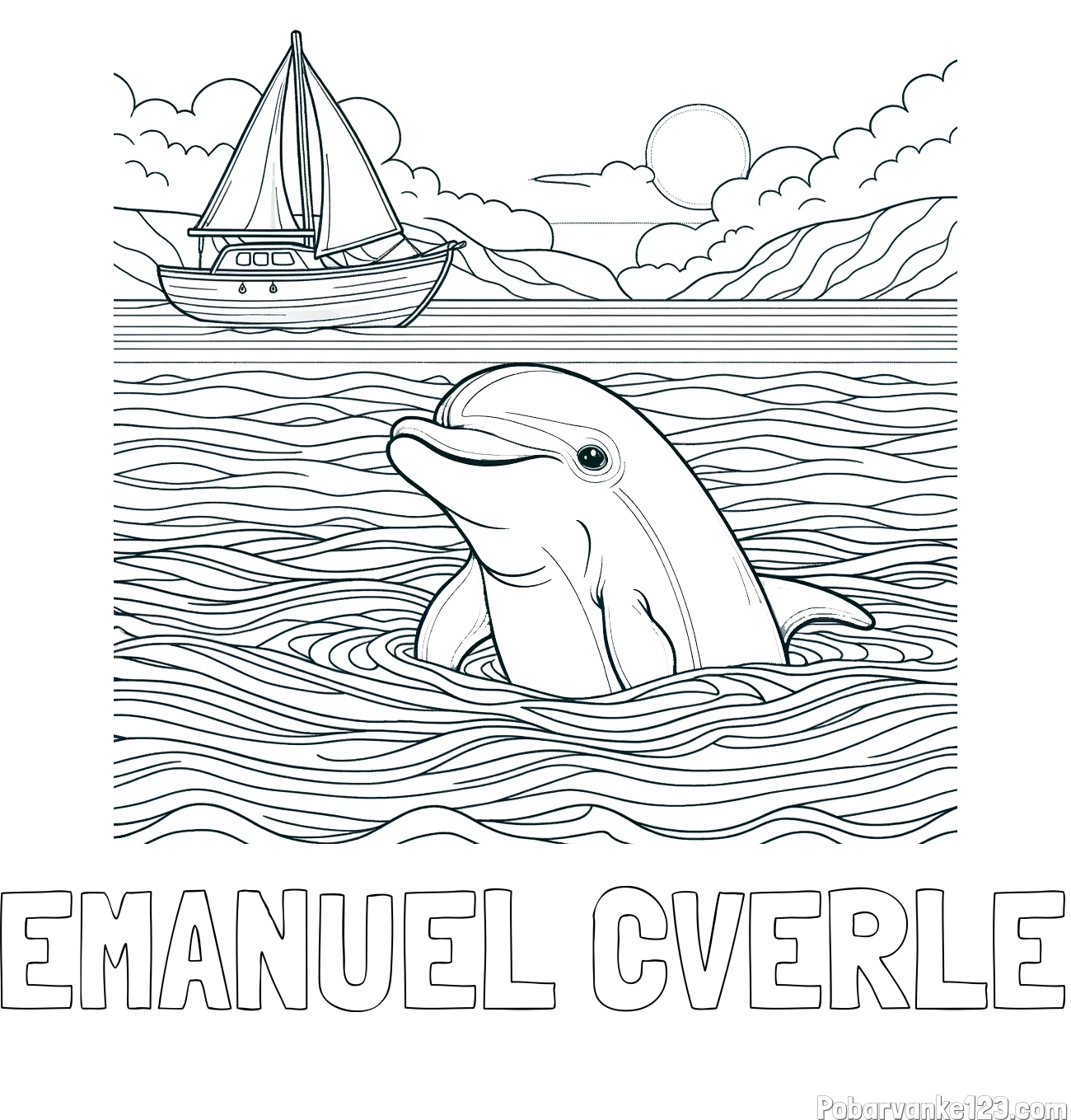 Pobarvanka imena EMANUEL CVERLE in pobarvanka delfina v morju ter jadrnice