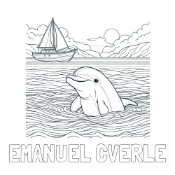 Online izdelana pobarvanka - Pobarvanka imena EMANUEL CVERLE in pobarvanka delfina v morju ter jadrnice
