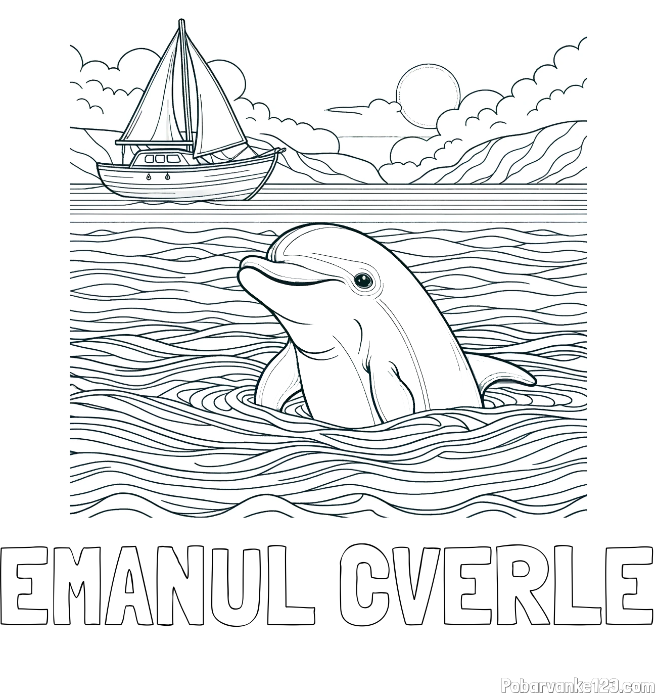 Pobarvanka imena EMANUL CVERLE in pobarvanka delfina v morju ter jadrnice