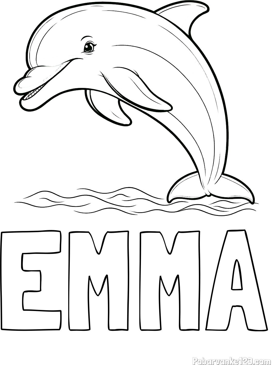 Pobarvanka imena EMMA in otroška pobarvanka nasmejanega delfina v skoku