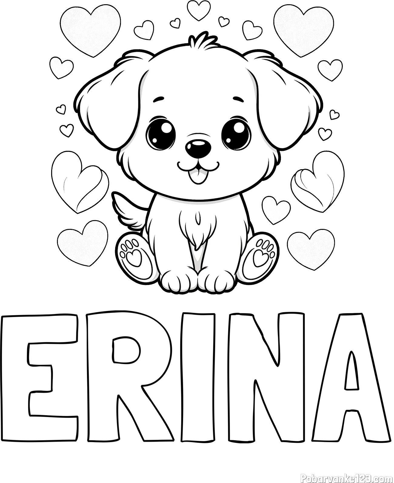 Pobarvanka imena ERINA in pobarvanka ljubkega kužka obdanega s srčki