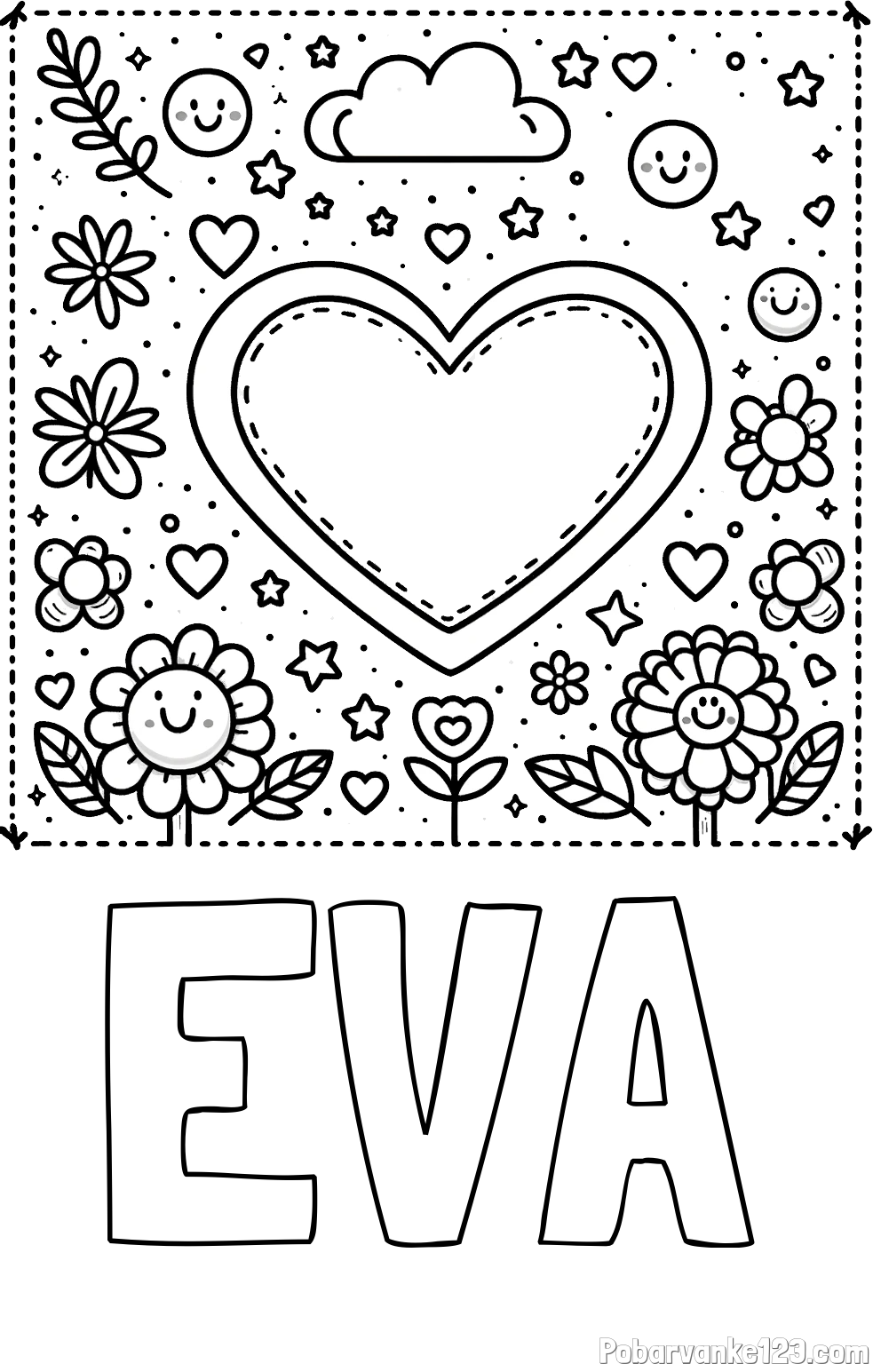 Pobarvanka imena EVA in pobarvanka srčka ter rožic