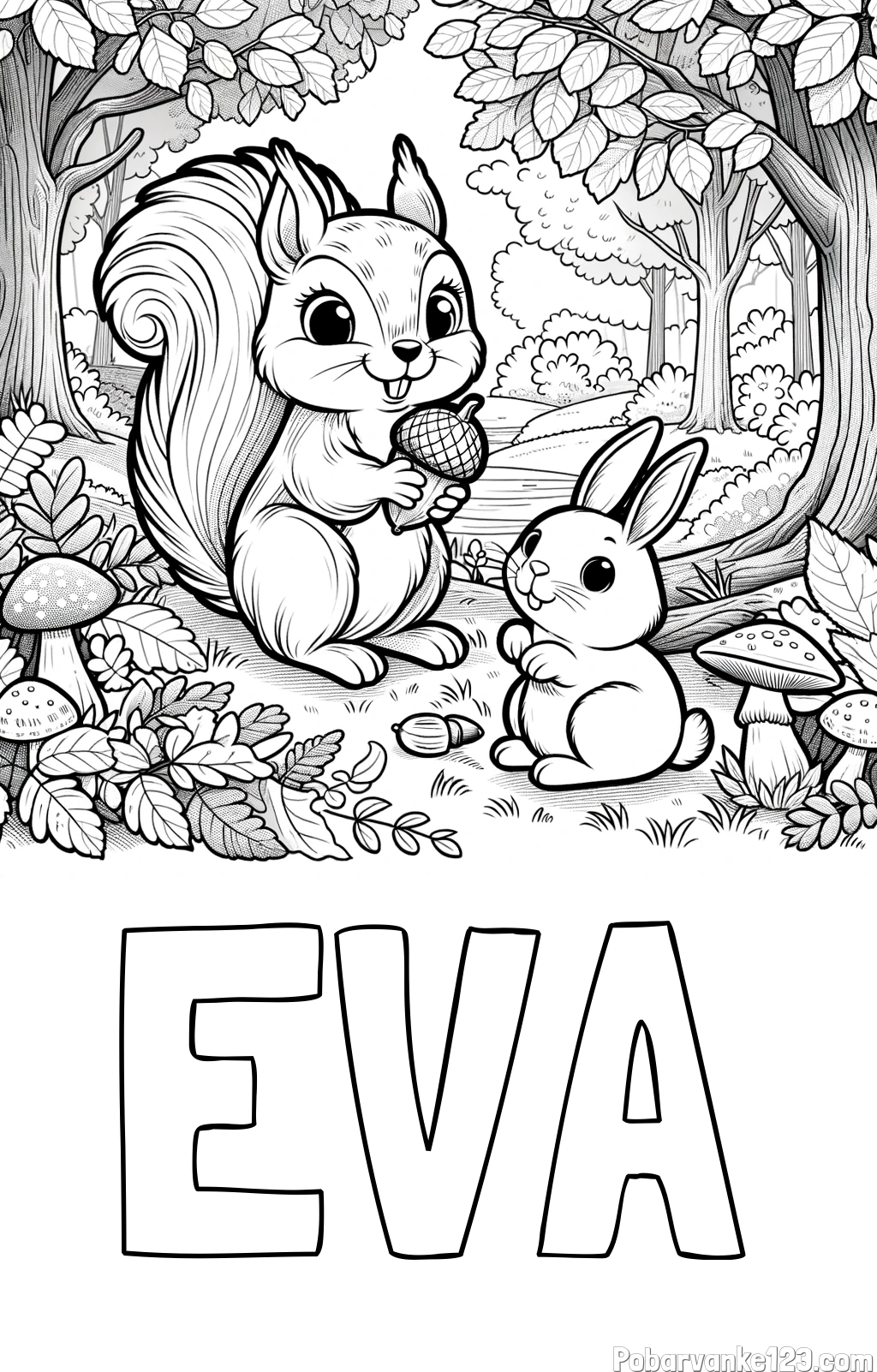 Pobarvanka imena EVA in pobarvanka veveričke in zajčka v gozdu