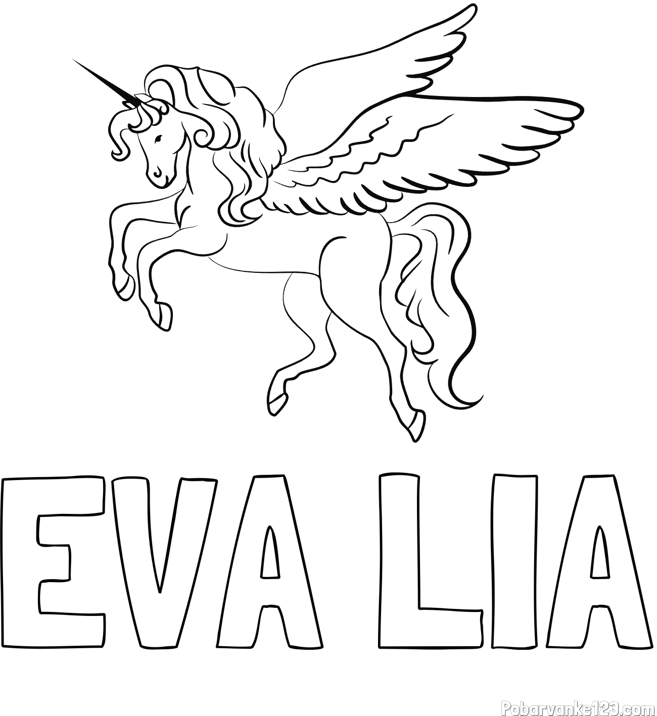 Pobarvanka imena EVA LIA in lepa pobarvanka samoroga