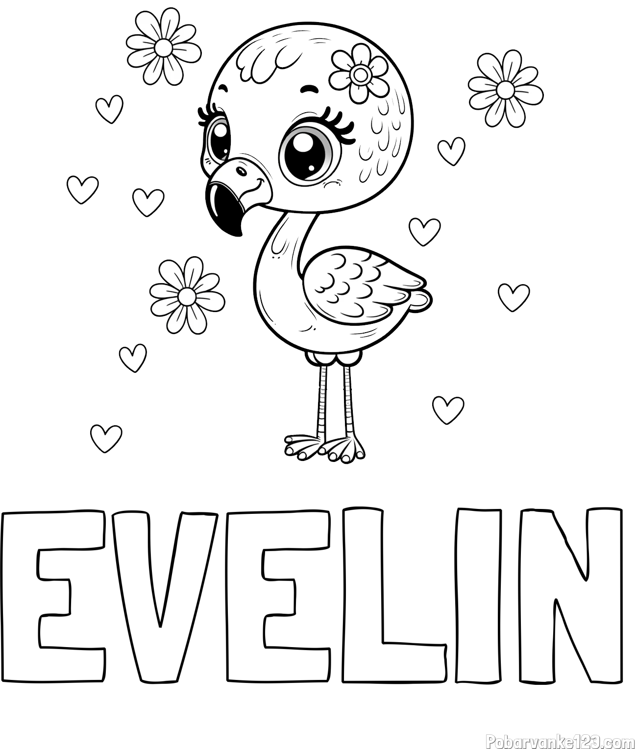 Pobarvanka imena EVELIN in pobarvanka mladička flaminga z rožicami in srčki