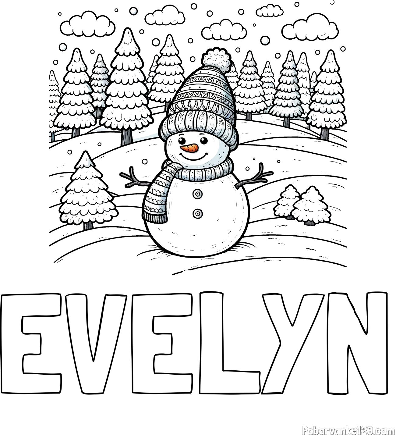 Pobarvanka imena EVELYN in pobarvanka snežaka v naravi obdanega z zasneženimi smrekami
