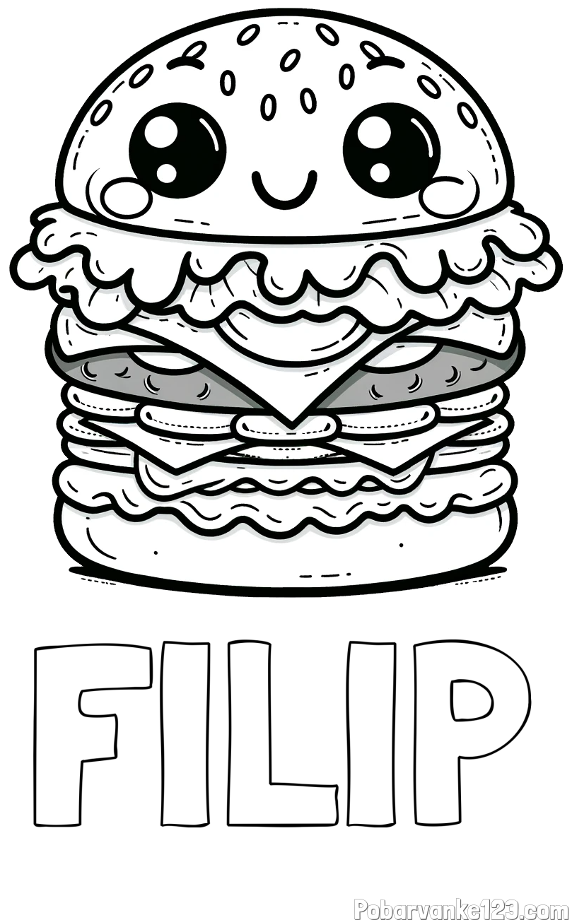 Pobarvanka imena FILIP in otroška pobarvanka nasmejanega hamburgerja