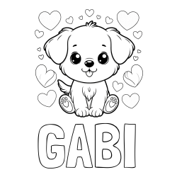 Online izdelana pobarvanka - Pobarvanka imena GABI in pobarvanka ljubkega kužka obdanega s srčki