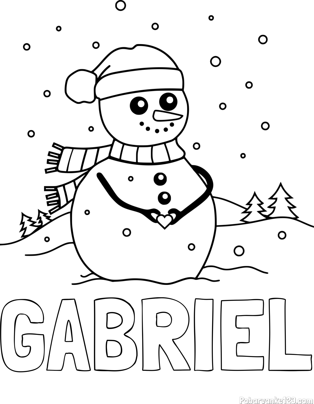 Pobarvanka imena GABRIEL in pobarvanka prikupnega snežaka