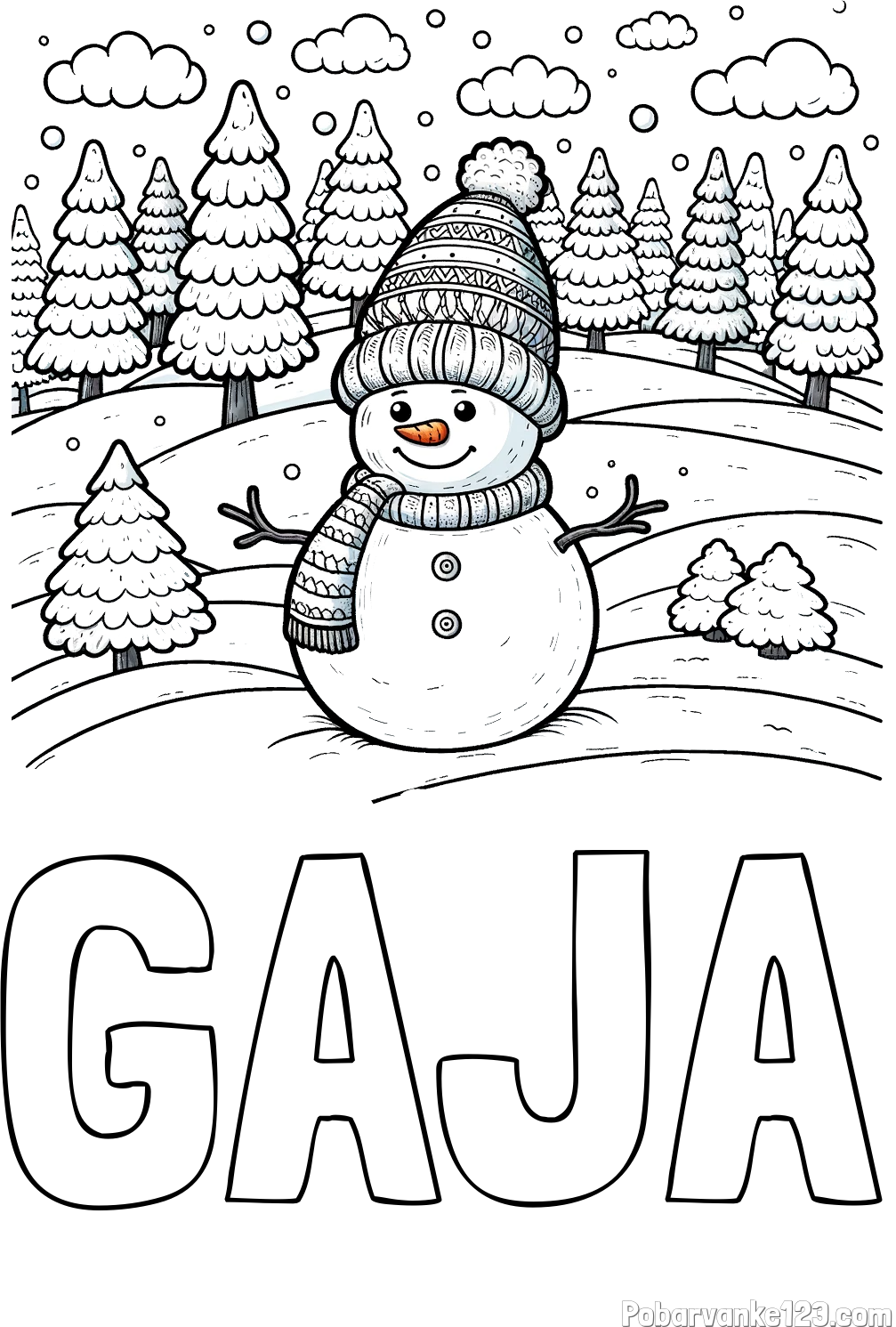 Pobarvanka imena GAJA in pobarvanka snežaka v naravi obdanega z zasneženimi smrekami